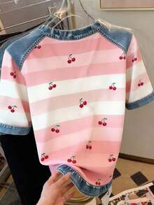 Resyla 休闲时尚女式T恤，牛仔布拼接，条纹樱桃数码印花，圆领 - 粉色 - 查看 2