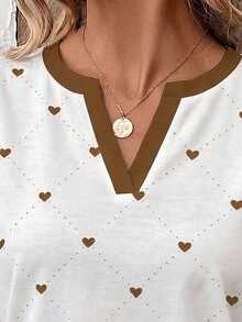 New Fashion Casual Versatile Heart & Plaid Print V-Neck Contrast Color Short Sleeve T-Shirt For Women - Multicolor - View 3