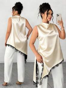 Elenzga Große Größen Ärmelloses Hemd für Damen mit Spitzensaum, elegante vintage-inspirierte lange Bluse, vielseitig einsetzbar für Arbeit, Abschluss, Feiertage, Valentinstag, Musikfestivals, Muttertag, Halloween, Erntedankfest, Ostern, Nationalfeiertag, Tänze, Dates, Hochzeiten, Ausflüge und mehr. - Aprikosenfarben - Übersicht 5