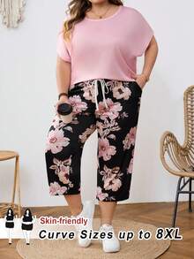 SHEIN CURVE+ Plus-Size Women's Pink Raglan Top T-Shirt And Floral Print Pants, A Two Pieces Set Suitable For Spring And Summer - Multicolor - View 9