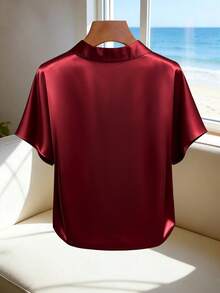 INAWLY Eleganter Mode-Satin-Cardigan mit Perlknöpfen, geeignet für Urlaub, Pendeln und Reisen, Damen Kurzarm Bluse, Frühling/Sommer - Bordeaux - Übersicht 2