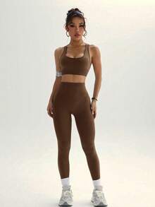 SHEIN Sports 女士露脐背心和紧身裤运动套装 - 咖啡棕 - 查看 3