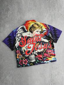 ROMWE MEN Street Life Men's Retro Graphic Print Boxy Fit Short Sleeve Shirt - Black - View 1