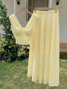 Modelyn Elegant Millet Yellow New Slim-Fit Crop Top With Elastic Waist Ruched Skirt, Spring/Summer - Yellow - View 4