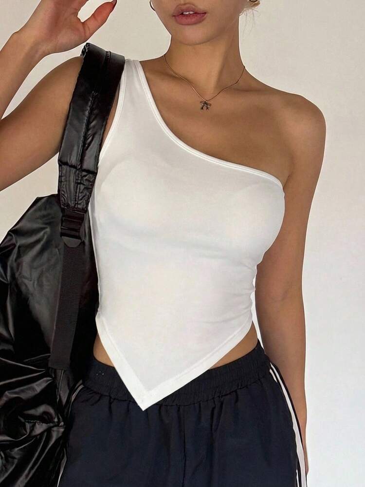Women's Asymmetric Sleeveless Asymmetrical Shoulder Tank Top, Fitted Camisole
