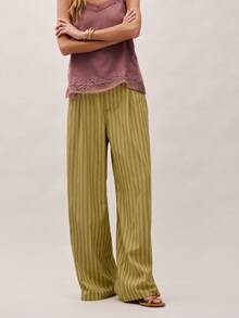 Nöista Olive Green Vertical Striped Loose-Fitting Trousers, With A Relaxed Straight Leg Design, Offering A Casual And Versatile Style. A Must-Have For Spring And Summer, Combining Comfort And Fashion, Perfect For Vacations And Casual Shopping, Offering Exceptional Practicality. - Green - View 4