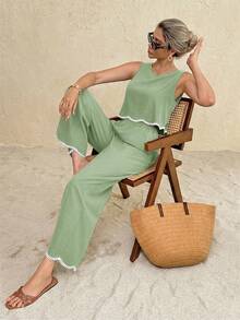 Frenchy Conjunto de 2 piezas de camiseta sin mangas y pantalones con ribete de contraste para vacaciones casuales de mujer - Rosa - Ver 11