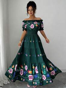 Modelyn 女士露肩花瓣袖印花收腰A字浪漫优雅休闲夏季连衣裙 - 綠色 - 查看 3