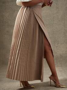 Vixey 纯色梭织高腰不对称拼接褶裥办公半身裙 - 卡其色 - 查看 4