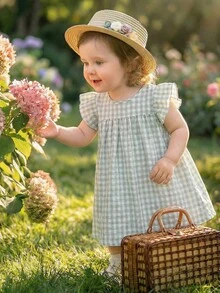 Souflis Souflis 女嬰新生兒0-3歲綠白格紋洋裝，夏季可愛甜美荷葉袖優雅復古度假野餐休閒百搭套裝 - 彩色 - 查看 3