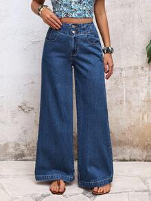 EMERY ROSE Women's Pocket Button Casual Versatile Daily Wear Wide Leg Jeans - Blue - View 8