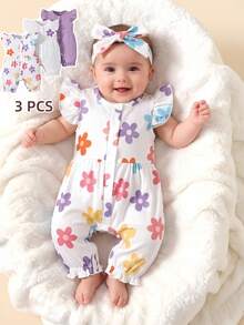 SHEIN 3件套女婴休闲可爱蝴蝶印花短袖连体衣和发带套装 - 紫色 - 查看 1