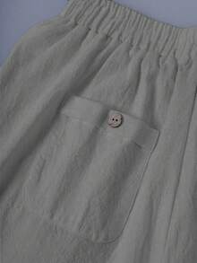 SHEIN LUNE CURVE Plus Size Washed Cotton Cinched Waist Backpocket Button Decor Short Casual Top - Grey - View 5