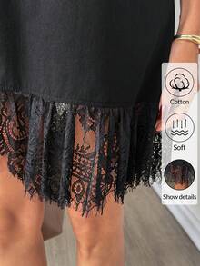 Easowa Cotton Crew Neck Sleeveless Lace Hem Mini Dress, Suitable For Casual, Beach, Holiday Wear, Spring/Summer Women's Sleeveless Black Shift Dress With Delicate Lace Hem And Round Neck Soft Cotton Feel For Summer Summer Dress Spring Dresses Beach Dress Casual Dresses For Women Vacation Dress Ruffle Dress,Black Dress For Women,Summer Dresses For Women - Black - View 8