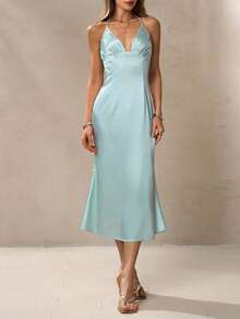 NOVVYNE V领缎面吊带露腰连衣裙，高端生日/成人派对露背鱼尾礼服 - 綠色 - 查看 7