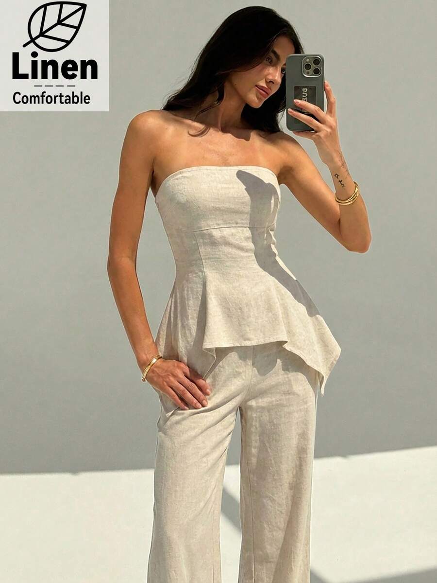 Aloruh Women's Apricot Strapless Ruffle Hem Crop Top And Skinny Pants, Spring/Summer Vacation Strapless Top And Pants Set Comfortable Two Piece Set Women Summer 2 Pieces Sets