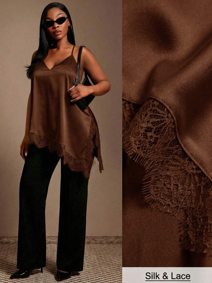SHEIN SXY 大码女式纯色撞色蕾丝不对称下摆时尚吊带背心 - 棕色 - 查看 1
