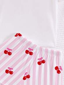 Tween Girls' Casual Cute Bow & Cherry Print, Cream Pink Striped Graphic, Round Neck Short Sleeve Shorts Pajama Set, Suitable For Summer, Y2K Style - Multicolor - View 6
