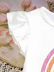 2pcs/Set Toddler Girls' Summer Rainbow Print Round Neck Cap Sleeve T-Shirt And Casual Straight Shorts With Bow Front Cute Outfit - Multicolor - View 4