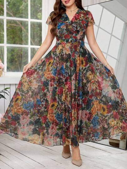 Reflora Plus Size Women's Elegant Floral Print Dress, Summer Wedding Guest Dress Summer,Spring,Summer Outfits ,Summer Clothes,Summer Holiday Outfits,Spring Outfit Women,Spring Clothing,Spring Women,Summer Dress,Spring Dress, Elegant Dresses For Women ,Elegant Dress For Women,Elegant Dresses,Elegant Dresses For Party ,Elegant Long Dress Summer Dress,Spring Dress Flower Floral Dress