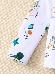 SHEIN 3件套男女宝宝休闲夏季度假椰树印花长袖短裤套装，含配套遮阳帽，适合春夏季穿着，居家、外出、旅行、海滩、泳池、派对等场合。 - 彩色 - 查看 3