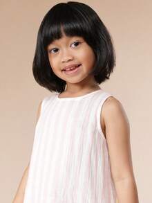 SUMWON 女童无袖粉色条纹低腰蝴蝶结连衣裙，圆领和荷叶边下摆，适合春季休闲穿着 - 淺粉色 - 查看 4