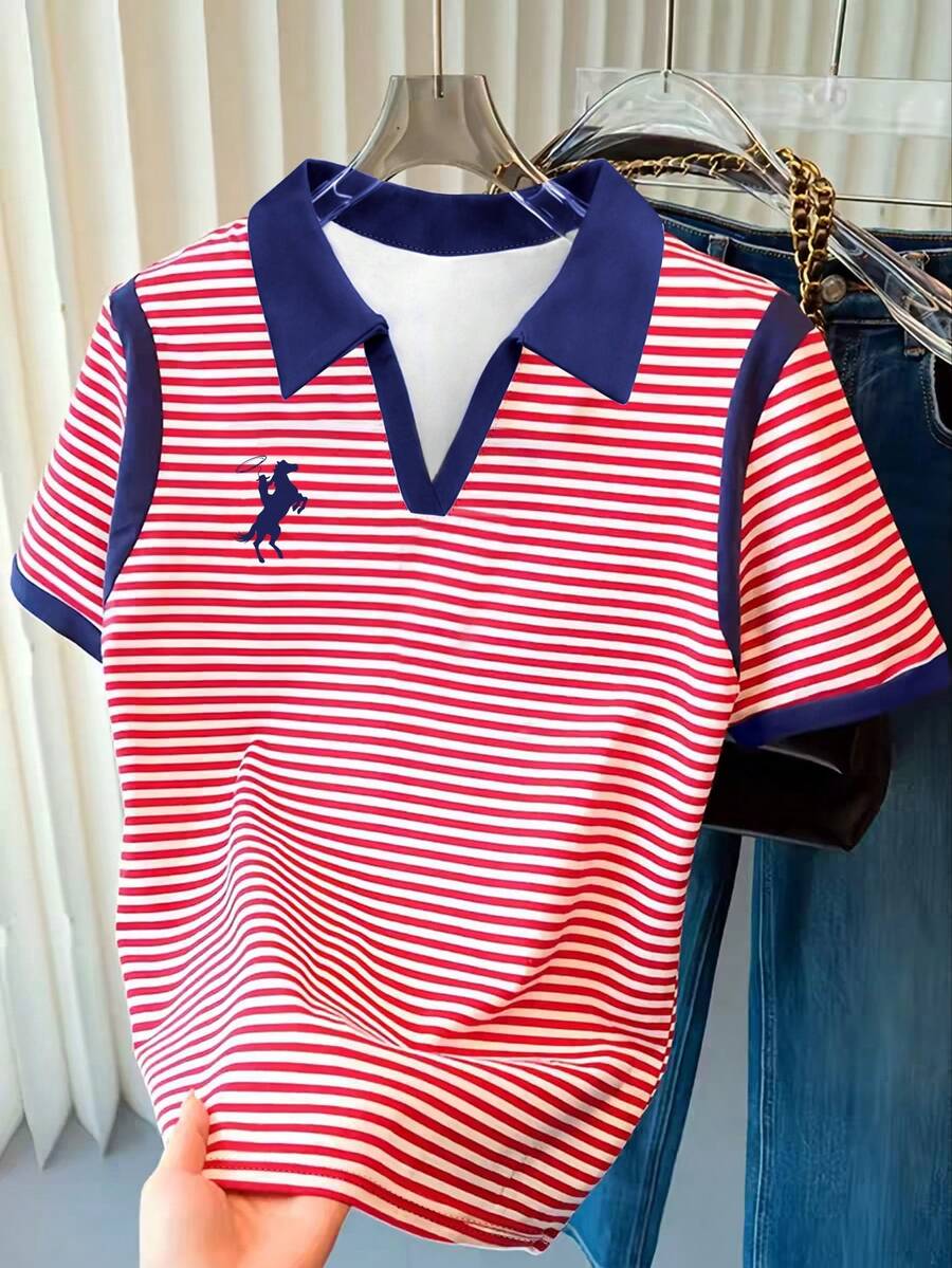 Resyla 美式复古红白条纹撞色V领Polo衫，马术图案休闲短袖上衣 - 彩色 - 查看 1
