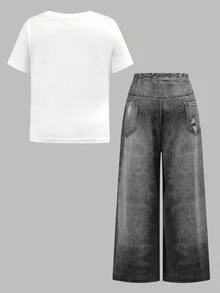 女童休闲圆领可爱卡通印花T恤和喇叭裤套装 - 彩色 - 查看 8