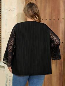 SHEIN CURVE+ Curve 尺码 US22 音乐节、海滨度假、波西米亚纯色宽松蕾丝薄纱袖长袖衬衫 - 黑色 - 查看 2