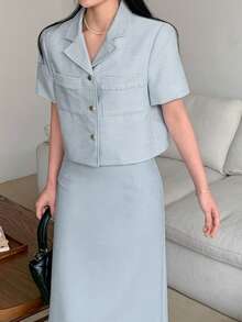 DAZY Women's Collared Short Jacket And Fitted Skirt 2 Pieces Set Summer - Blue - View 7