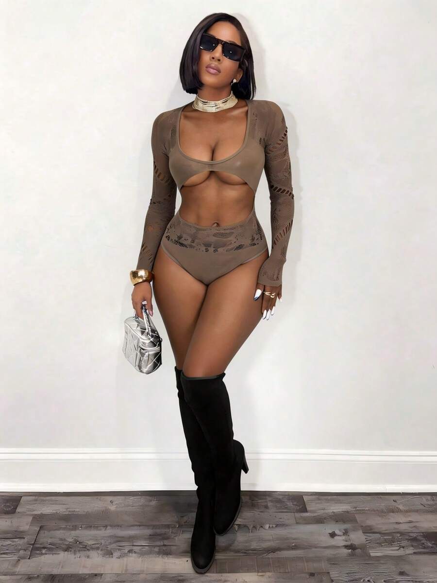 BamGleam Body de manga larga sexy con diseño de encaje calado para mujer - Marrón - Ver 1