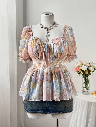 Sweetra 优雅度假风法式可爱甜美公主风纹理面料蝴蝶结装饰花瓣袖衬衫，收腰修身款上衣，夏季新品