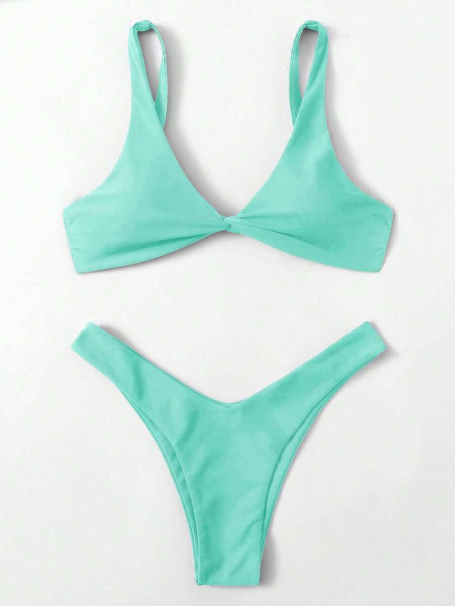 Swim Basics Women's Solid Color Casual Bikini And Triangle Panty Swimwear Set - Mint Green - View 1