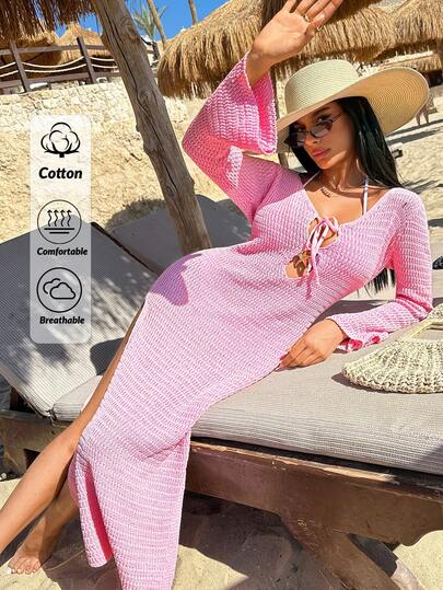 EURMUSE Crochet Knit Long Sleeve Maxi Beach Cover Up Dress With Front Tie Detail And Side Slit For Women"