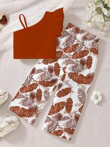 2pcs/Set Young Girl' Asymmetrical Shoulder Top + Pants, Tropical Plant Pattern, Suitable For Spring & Summer, Vacation - Multicolor - View 2