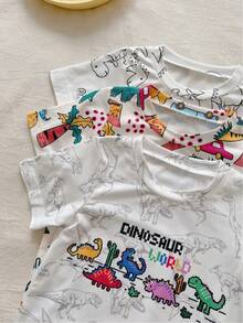 Conjunto de 6 peças para meninos pequenos, novo modelo de verão: camiseta de manga curta com gola redonda e estampa de dinossauro. Casual, versátil, fofo e multicolorido. - Multicolorido - Ver 4