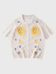 ROMWE MEN Men's Sun Face Embroidery Hollow Out Knitted Cardigan - Apricot - View 3