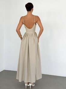 Siren Gaze Elegant Women's V-Neck Spaghetti Strap Maxi Dress Pleated A-Line Long Dress, Women's Date Dress, Women's Night Out Dress, Women's Summer Dress, Women's Honeymoon Travel Outfit, Women's Wedding Guest Dress, Island Vacation Dress, Women's Wedding Guest Dress, Women's Sundress, Women's Elegant Party Dress, Women's Birthday Dress, Classy Dress - Apricot - View 2