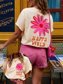 DrmWander Women's T-Shirt, Casual Street Style Graphic Short Sleeve T-Shirt, Cute Summer Top - Apricot - View 1