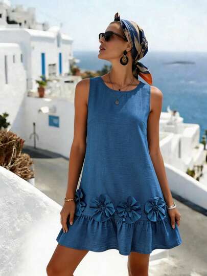 Breezaya Vestido de corte evasé con decoración de flores 3D, elegante para vacaciones y uso casual diario para mujer