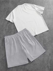 PAVTROS Men's Letter Print Round Neck Short Sleeve T-Shirt And Drawstring Waist Shorts Casual Daily Outfit - Multicolor - View 2