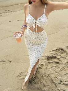 MainGRL Women's Vacation Ditsy Floral Front Tie Hollow Out Sexy Spaghetti Strap Dress - Apricot - View 4