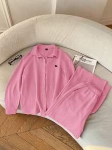 SHEIN EZwear Women's Knight Print Single-Breasted Long Sleeve Top And Wide-Leg Pants Casual Suit - Pink - View 5