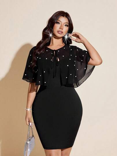 Viva Relle Plusstorlek Elegant Pärldekorerad Bodycon Stickad Klänning för Damer, Minimalistisk Lyxig High-End Klänning, Graciös Damklänning