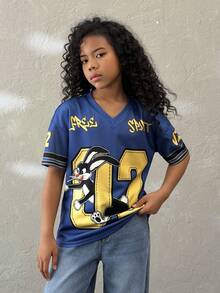 Coolane Kids 少女夏季V领短袖宽松休闲T恤，蓝色网眼印花Y2K短款图案T恤 - 藍色 - 查看 3