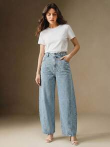 Anewsta Women's Washed Blue Spring Jeans, American Loose Wide-Leg Flared Jeans With Rhinestone And Pearl Decor - Medium Wash - View 7