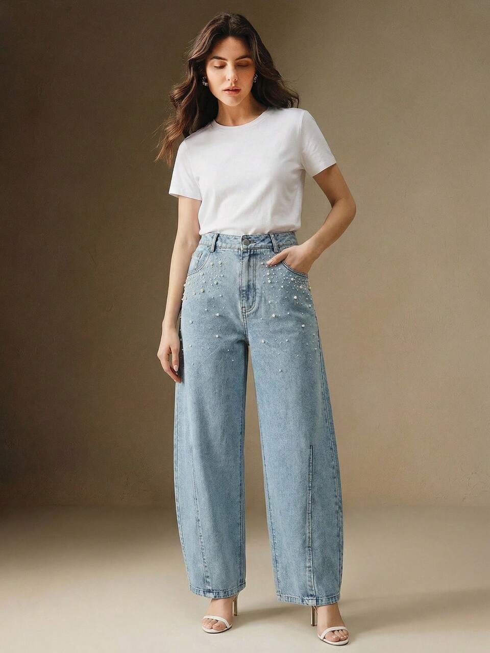 Anewsta Women's Washed Blue Spring Jeans, American Loose Wide-Leg Flared Jeans With Rhinestone And Pearl Decor