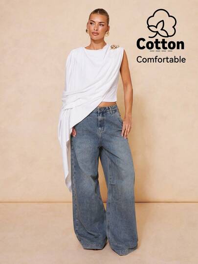 Lumalex Women's Cotton Blend Asymmetric One-Shoulder Draped Cape Sleeve Gold Brooch Shoulder Detail Cropped Blouse Top, Perfect For Summer, Easter, Vacation, Holiday, Spring-Break Trips, Cruises, Beach Weekends, Vacations, Parties, Date Nights, Honey Moon, Weddings, Proms, Banquets, Birthdays, Carnivals, Festivals, And Other Holiday Events, Neo-Girly Charm, Boho-Casual Flair, Quiet Luxury, Business Chic, And Relaxed Vacay Elegance, Style For Luxury Proms, Receptions, Banquets, Weddings, Raves, Festivals, Holiday Gatherings, Outdoor Evening Occasions-Ideal, Party Looks