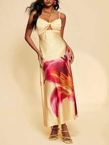 Travachic Vestido camisola feminino elegante com estampa floral e detalhe torcido, ideal para férias, vestido longo de festa, perfeito para o verão, vestido de verão, looks de verão, vestidos de verão femininos, looks de praia femininos, vestido amarelo, vestidos elegantes femininos, vestido longo elegante, vestido para festa de casamento, casamentos e eventos, vestido de madrinha, looks de férias femininos - Multicolorido - Ver 5