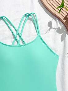 SHEIN 少女纯色可调节肩带交叉露背修身吊带泳衣，针织面料，适合夏季度假、海滩、游泳池、节日派对和休闲活动 - 薄荷綠 - 查看 6